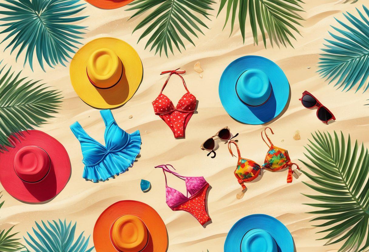 A vibrant summer beach scene featuring an array of colorful swimwear styles displayed on tropical palm trees, with an emphasis on eco-friendly materials like recycled fabrics. Include sunbathers relaxing on the sand, wearing stylish hats and sunglasses, and a crystal-clear ocean in the background. Infuse the image with warm sunlight and playful summer vibes. vector art. vibrant colors. bright blue sky.